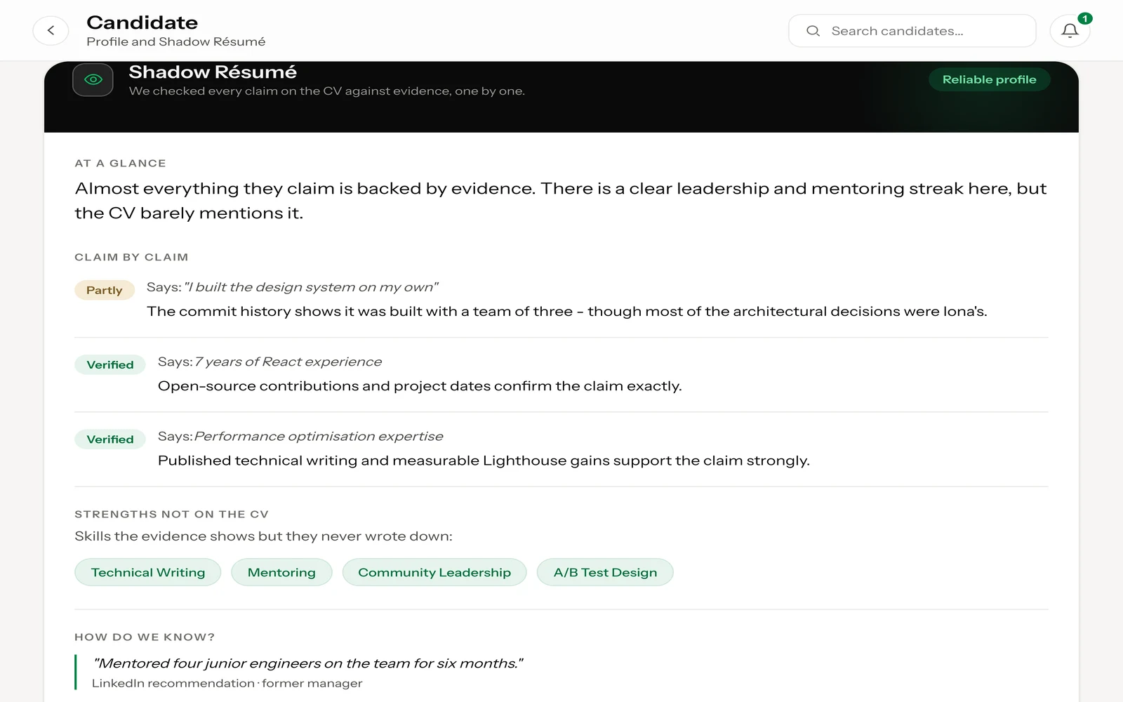 Candidate profile with a match breakdown and Shadow CV claim-to-evidence checks