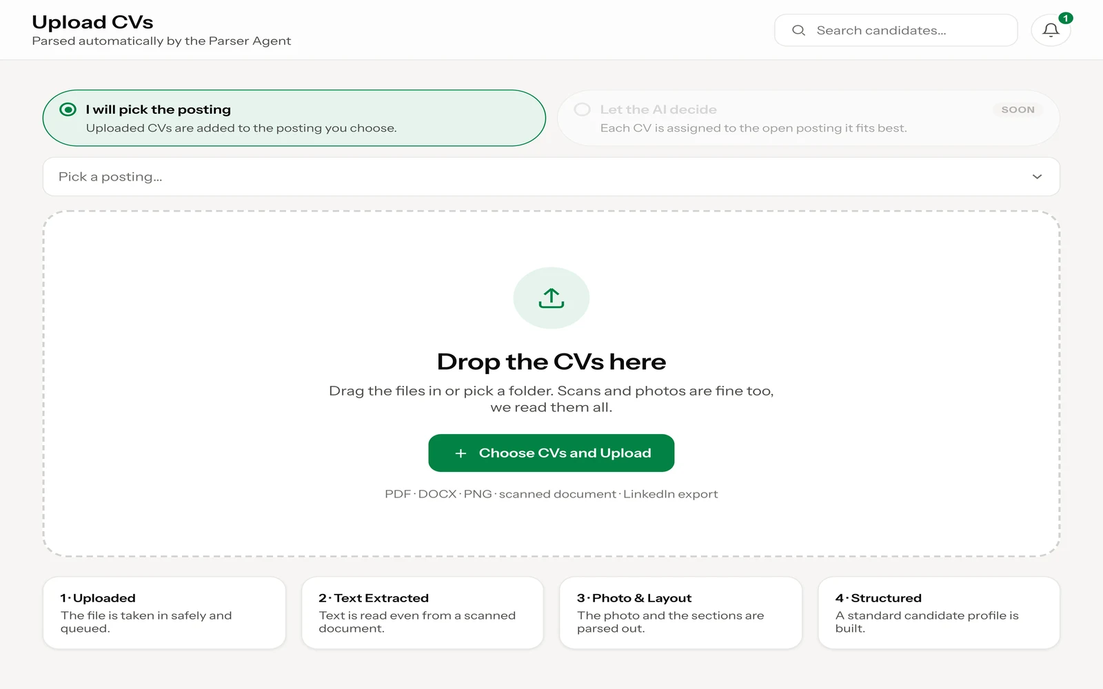 StoA CV upload screen with role selection, a drag-and-drop area, and four parsing steps